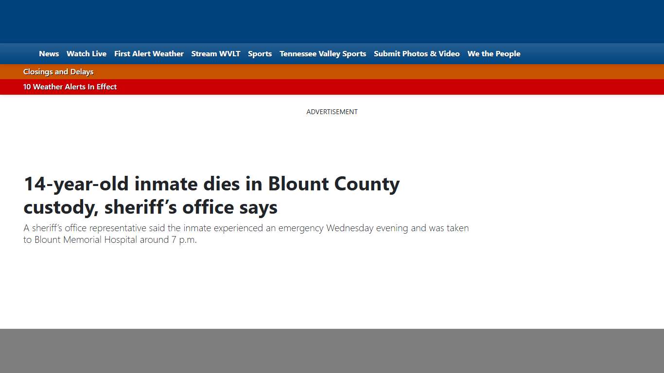 14-year-old inmate dies in Blount County custody, sheriff’s office says
